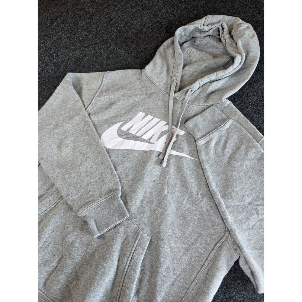 Nike Hoodie Women's Medium Gray Fleece Pullover Big Logo Swoosh Sweatshirt